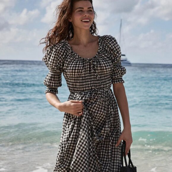 Doen Ischia shirred gingham cotton-voile midi dress - Picture 3 of 8